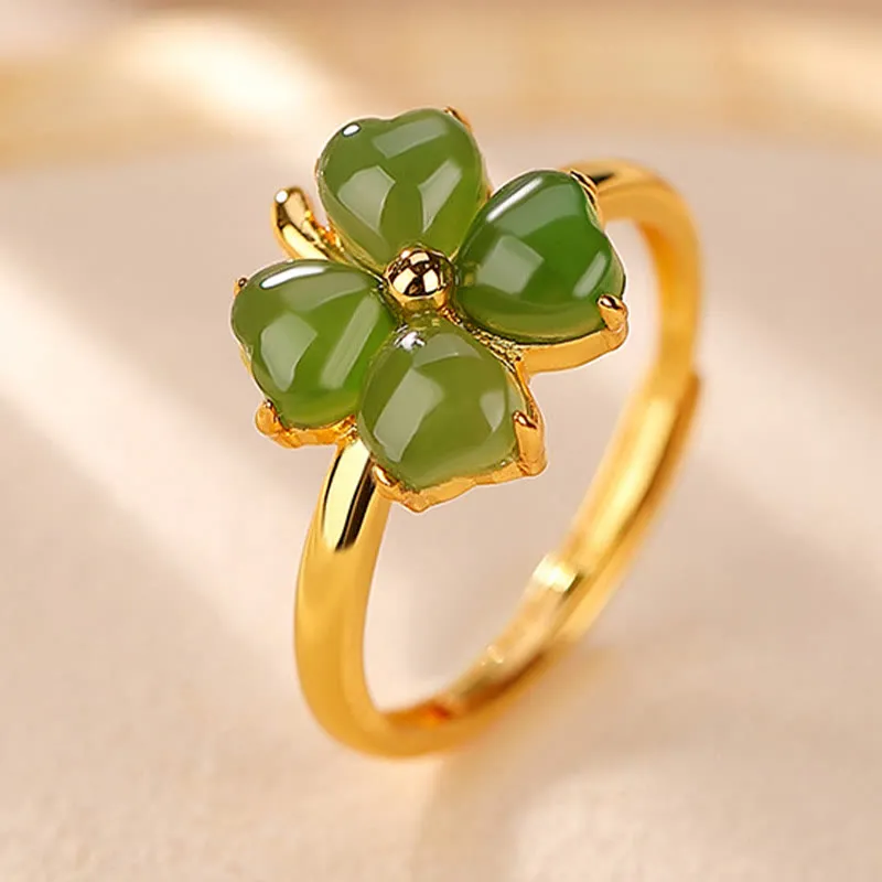 Buddha Stones 925 Sterling Silver Plated Gold Clover Hetian Cyan Jade Abundance Adjustable Ring