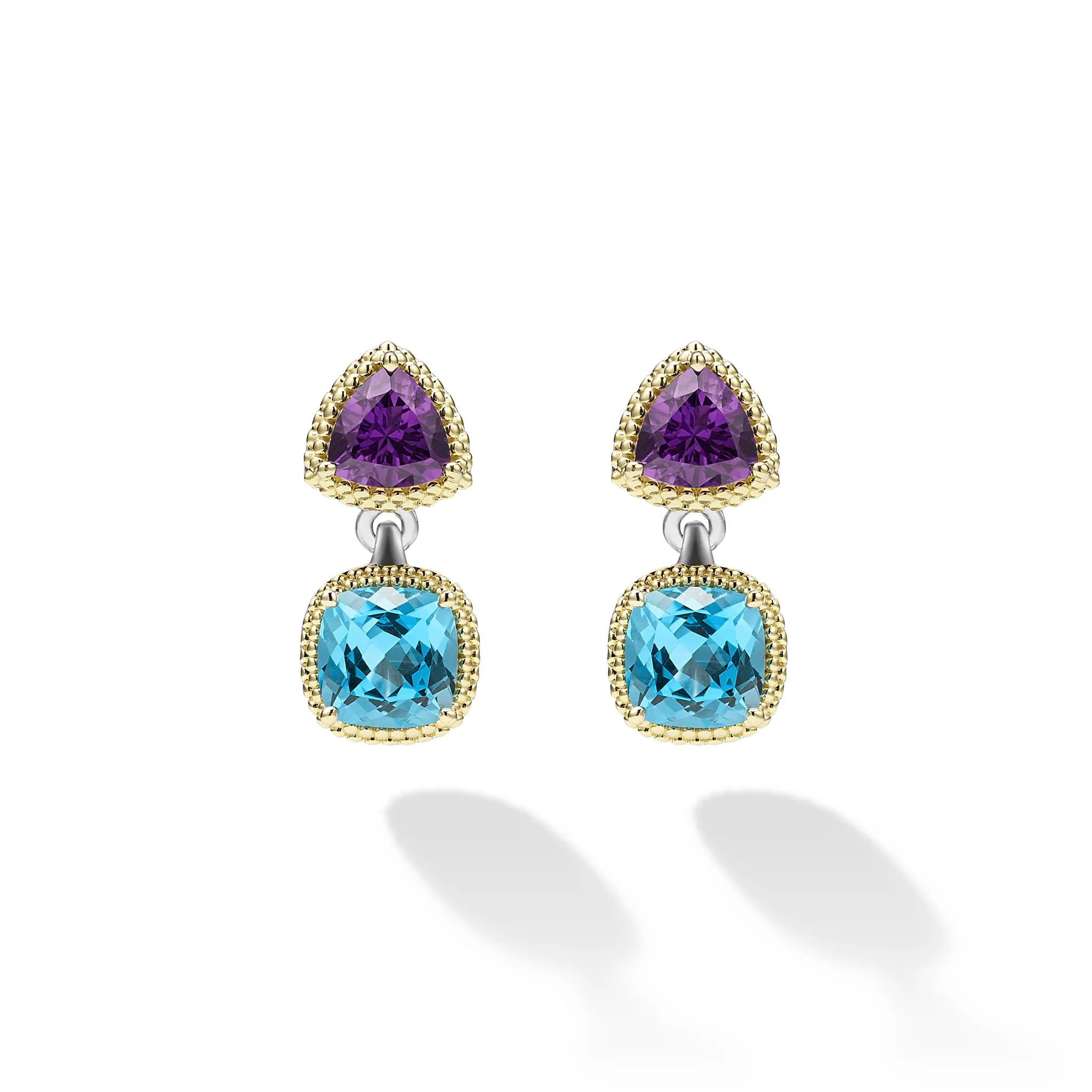 Caviar Color Two-Tone Amethyst and Swiss Blue Topaz Drop Earrings