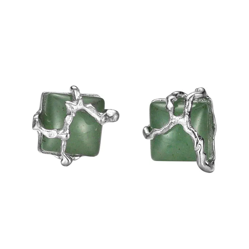 Chinese temperament earrings female simplicity and fresh S925 pure bank tide square beads green Dongling jade earrings