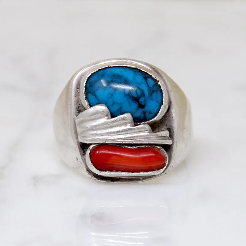 Chunky Modernist Turquoise & Coral Ring