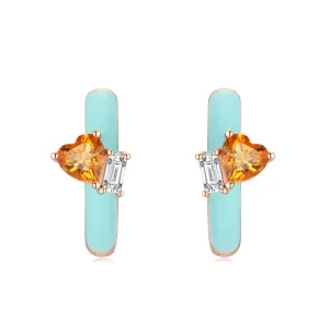 Citrine & Blue Topaz Gold Enamel Heart Earrings