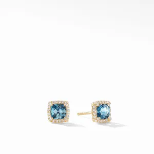 David Yurman Chatelaine Pave Bezel Stud Earrings 18k Gold London Blue Topaz