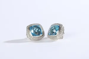 David Yurman "Albion" Clip On Earrings Sterling Silver with Blue Topaz and Diamond, 11mm