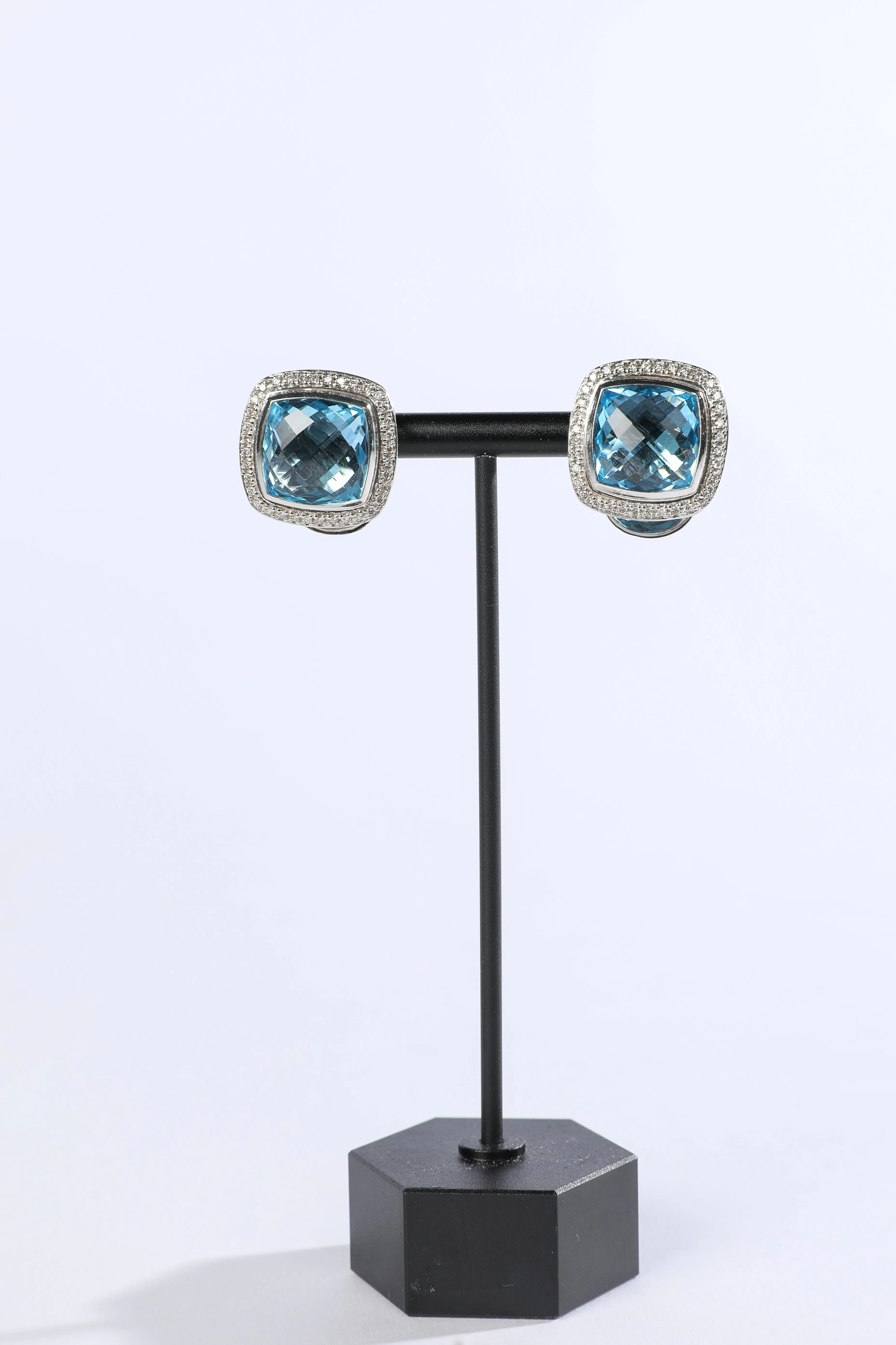 David Yurman "Albion" Clip On Earrings Sterling Silver with Blue Topaz and Diamond, 11mm