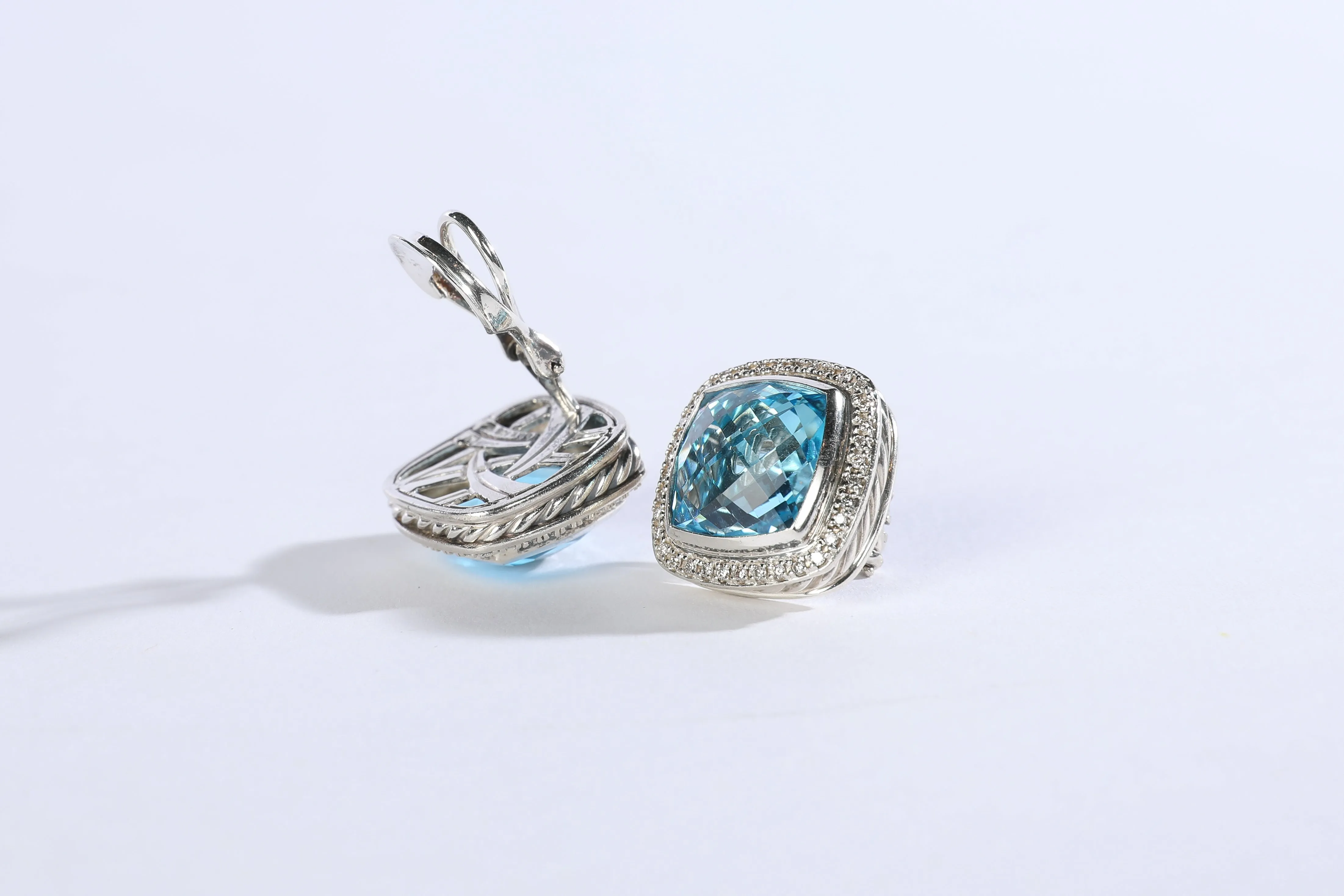 David Yurman "Albion" Clip On Earrings Sterling Silver with Blue Topaz and Diamond, 11mm