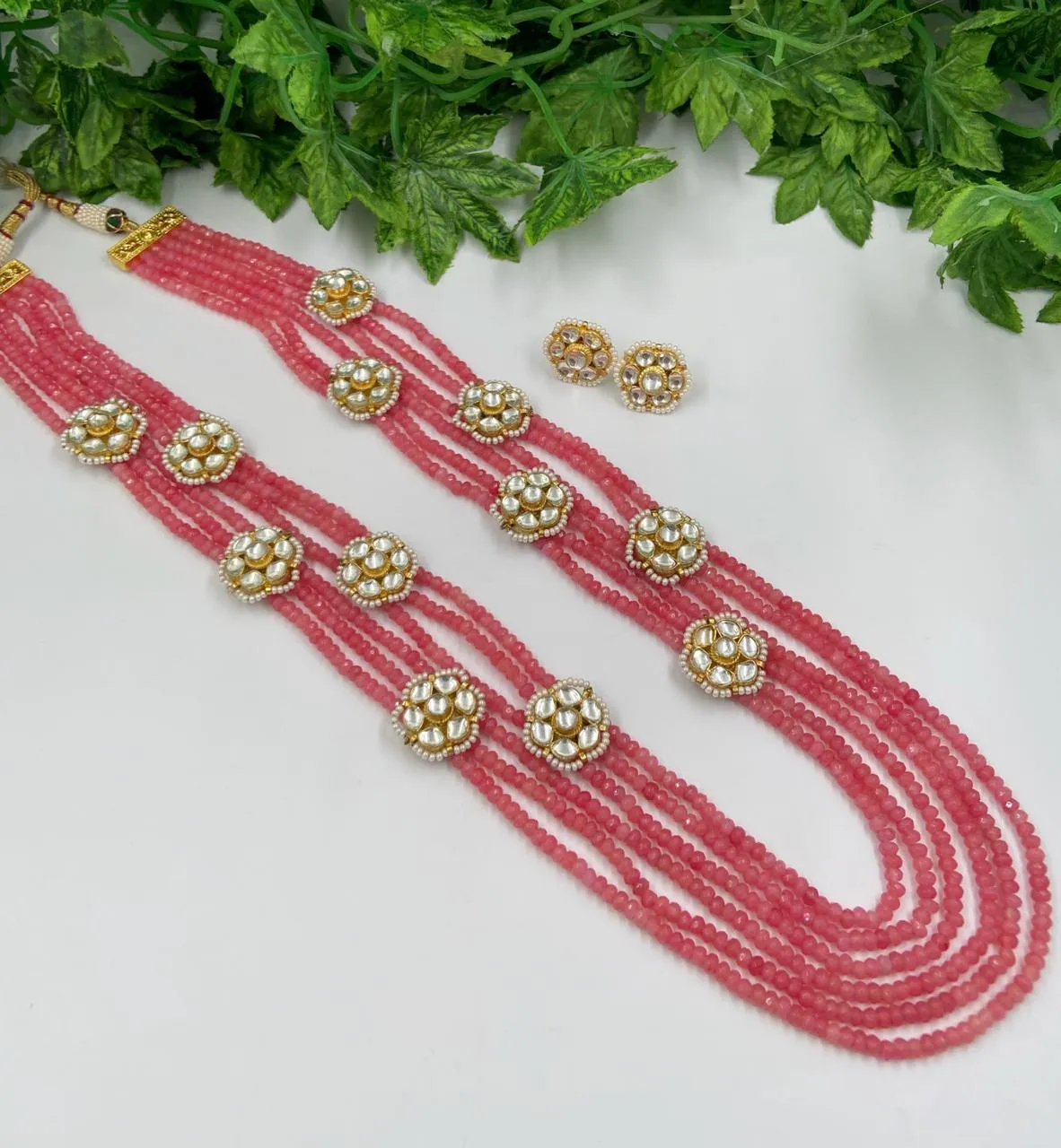 Designer Multilayered Peach Color Jade Beads Necklace Set By Gehna Shop