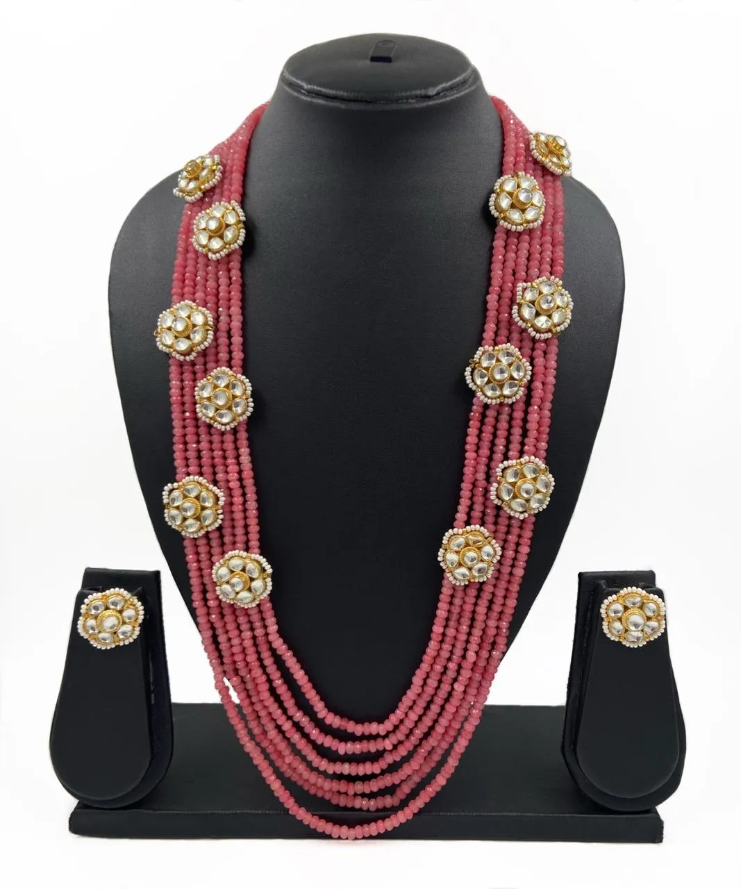 Designer Multilayered Peach Color Jade Beads Necklace Set By Gehna Shop