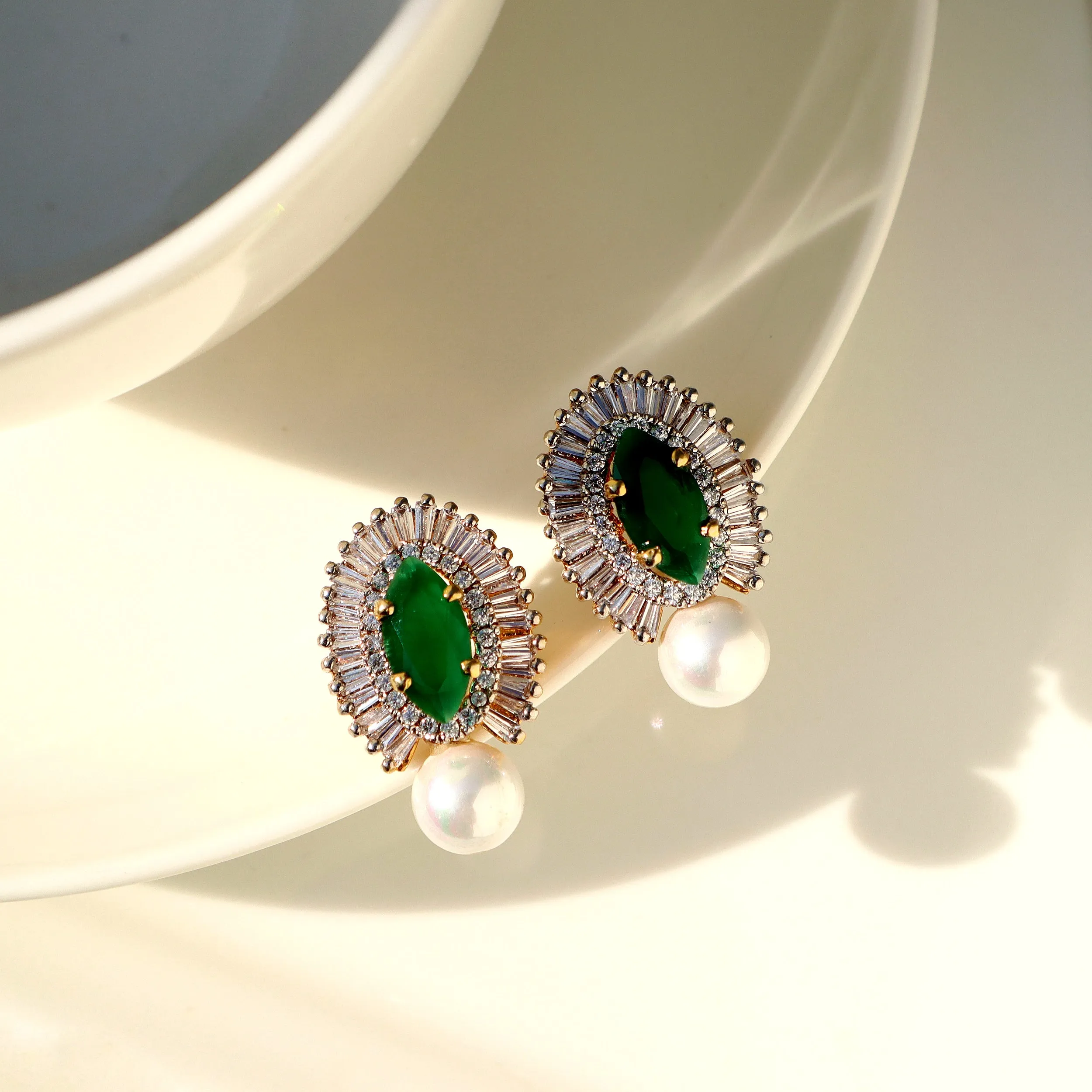 Earrings in Jade Pearls and Zircons