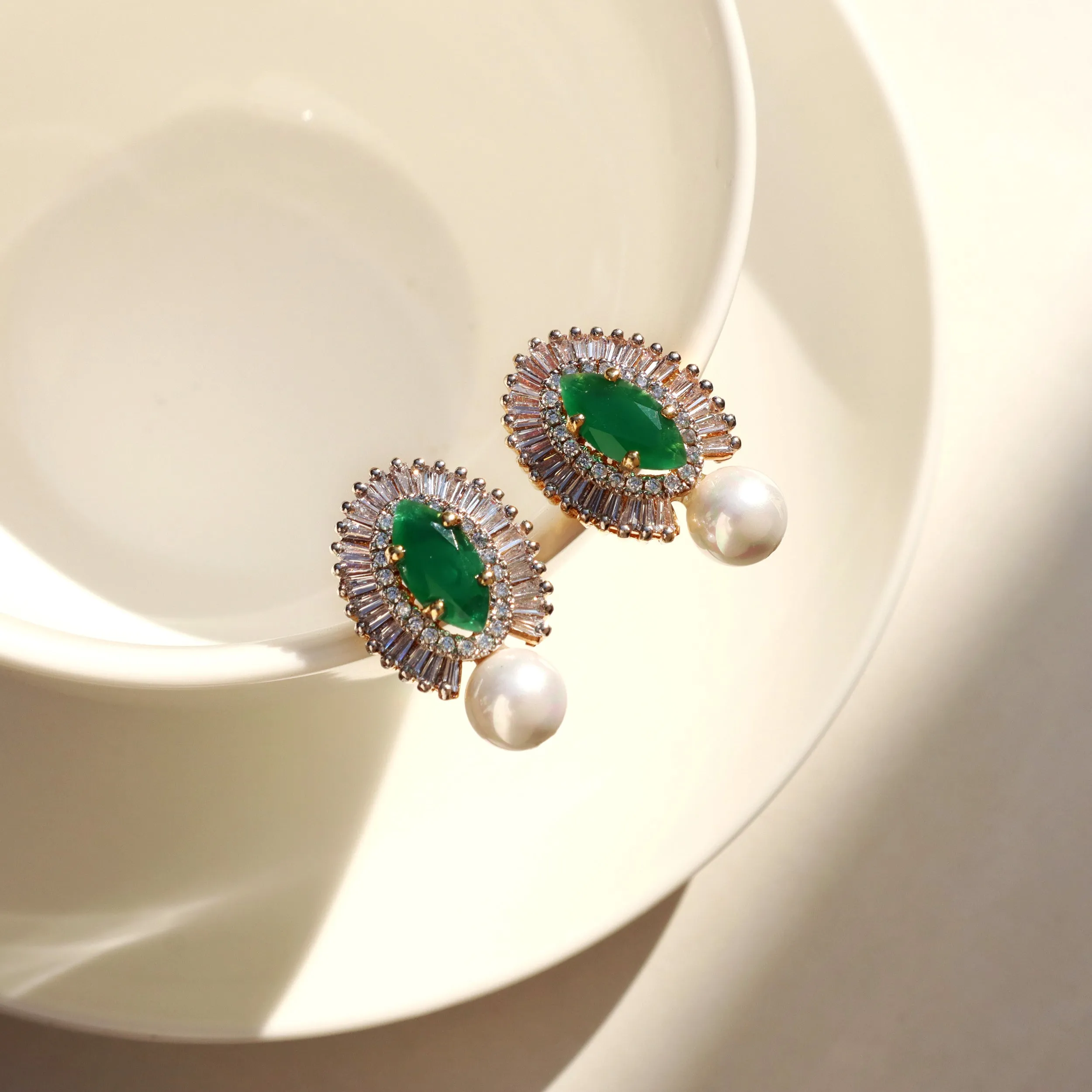 Earrings in Jade Pearls and Zircons