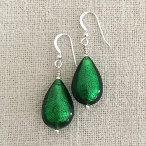 Earrings with dark green (emerald) Murano glass medium pear drops on silver or gold