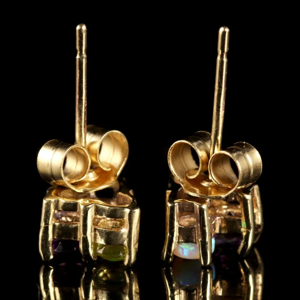 Edwardian Suffragette Style Amethyst Peridot Opal Stud Earrings 9ct Gold