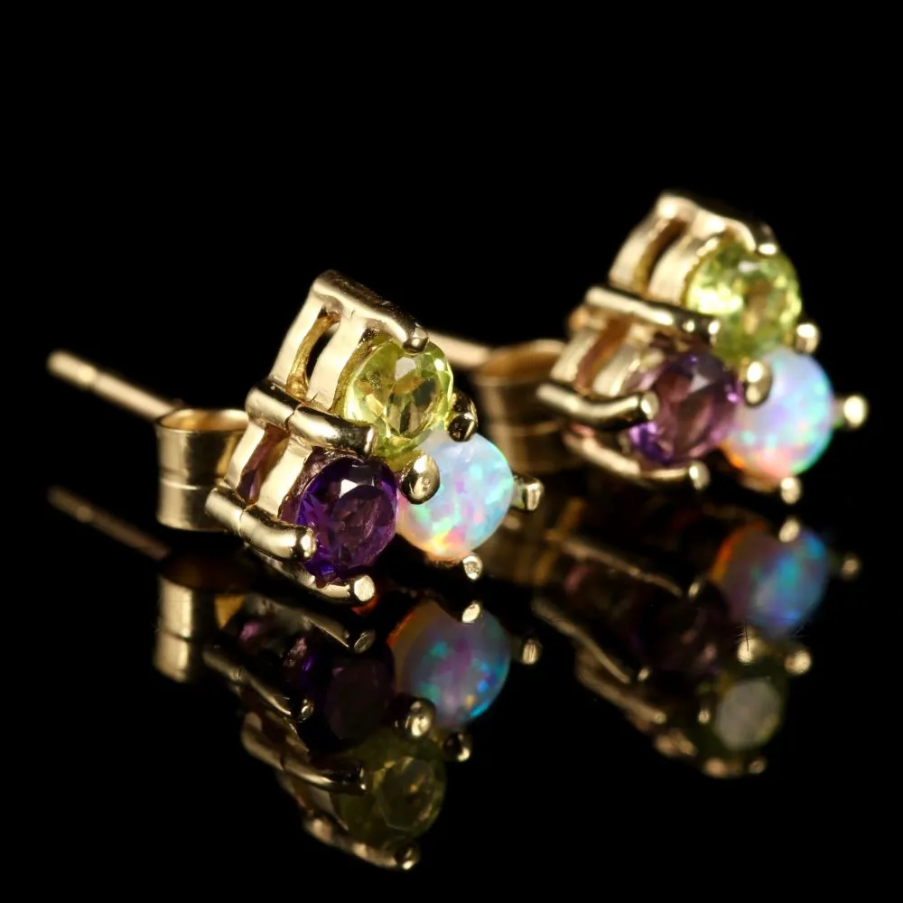 Edwardian Suffragette Style Amethyst Peridot Opal Stud Earrings 9ct Gold