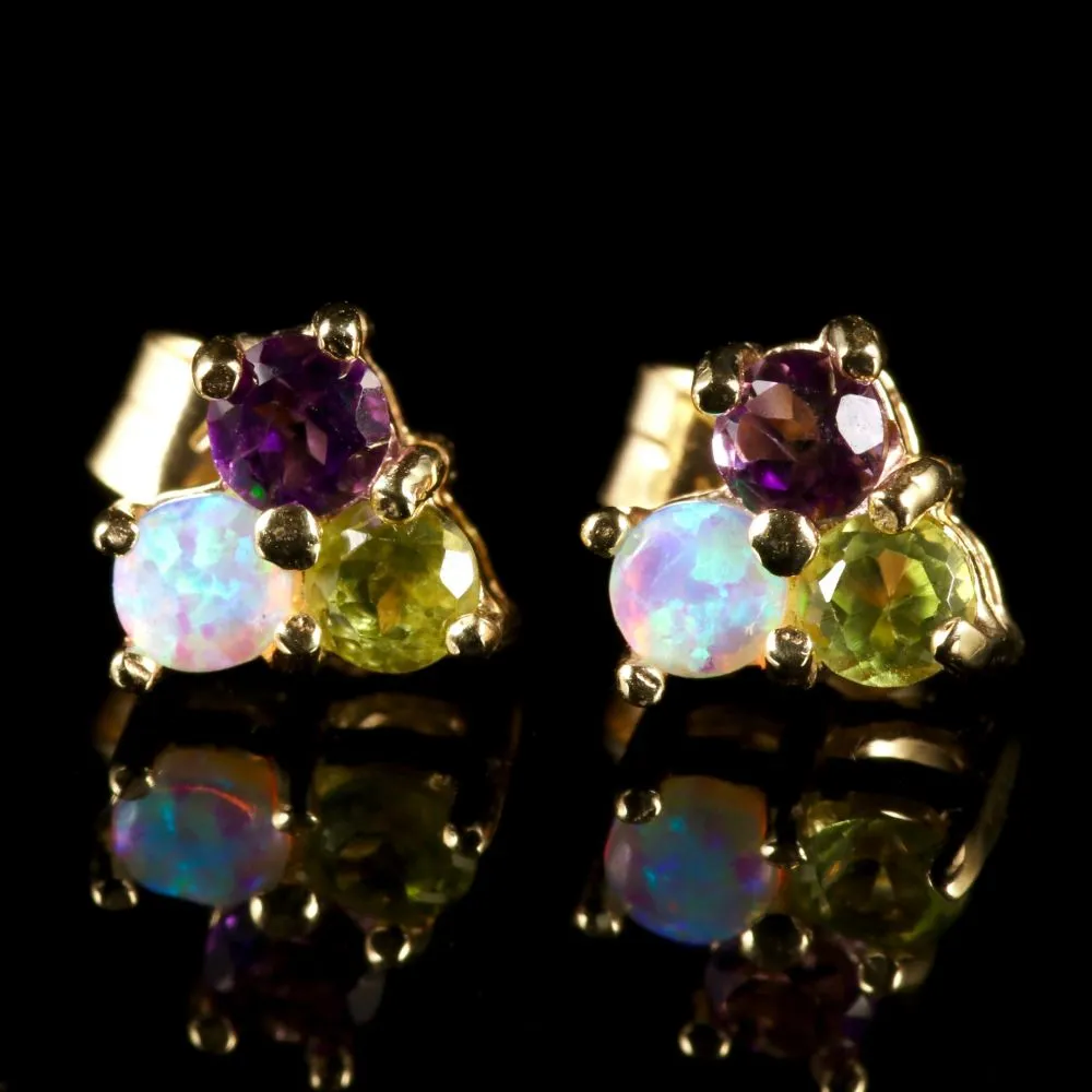 Edwardian Suffragette Style Amethyst Peridot Opal Stud Earrings 9ct Gold