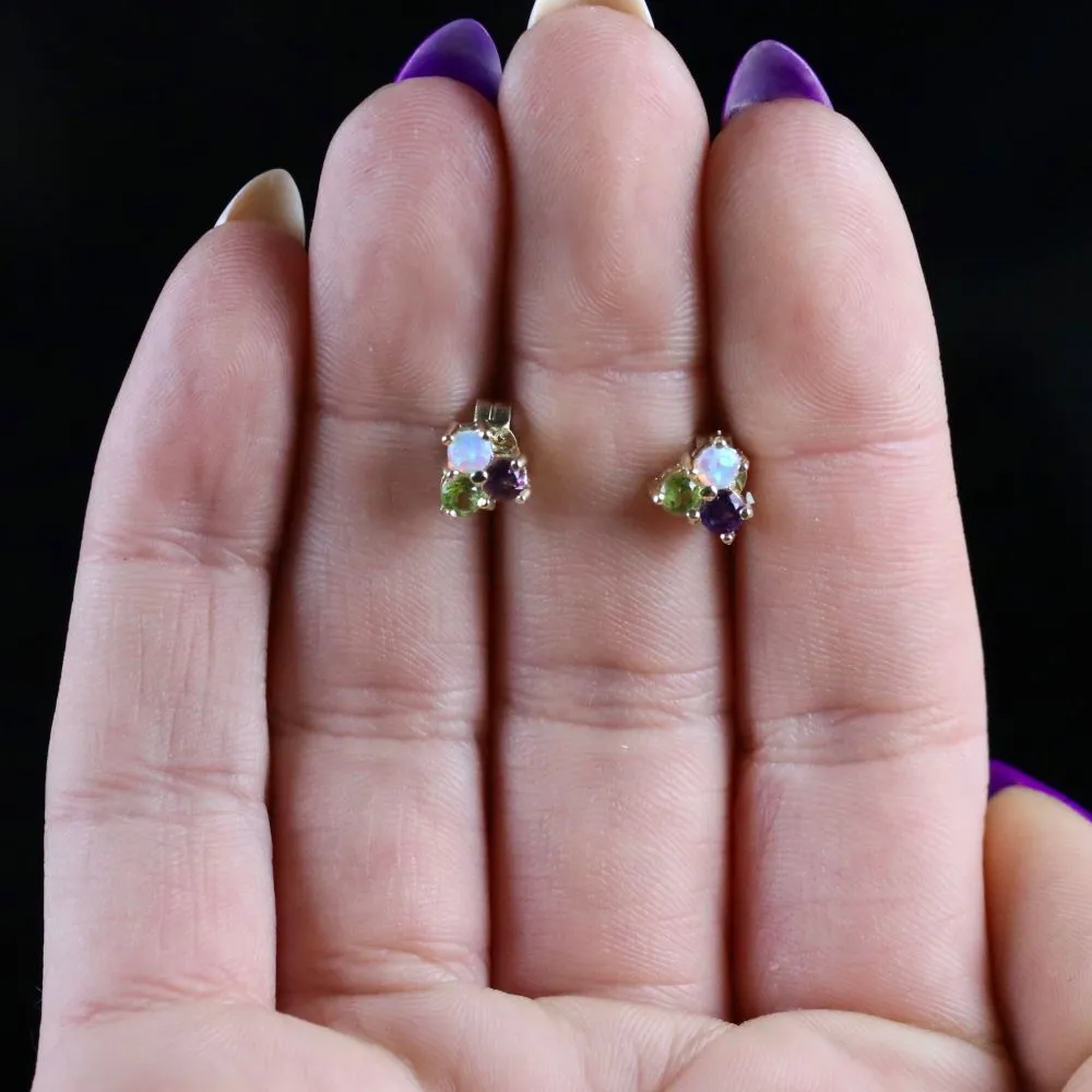 Edwardian Suffragette Style Amethyst Peridot Opal Stud Earrings 9ct Gold