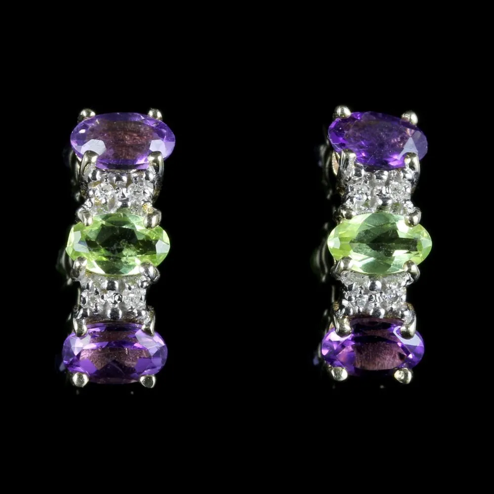 Edwardian Suffragette Style Earrings Amethyst Peridot Diamond 9ct Gold