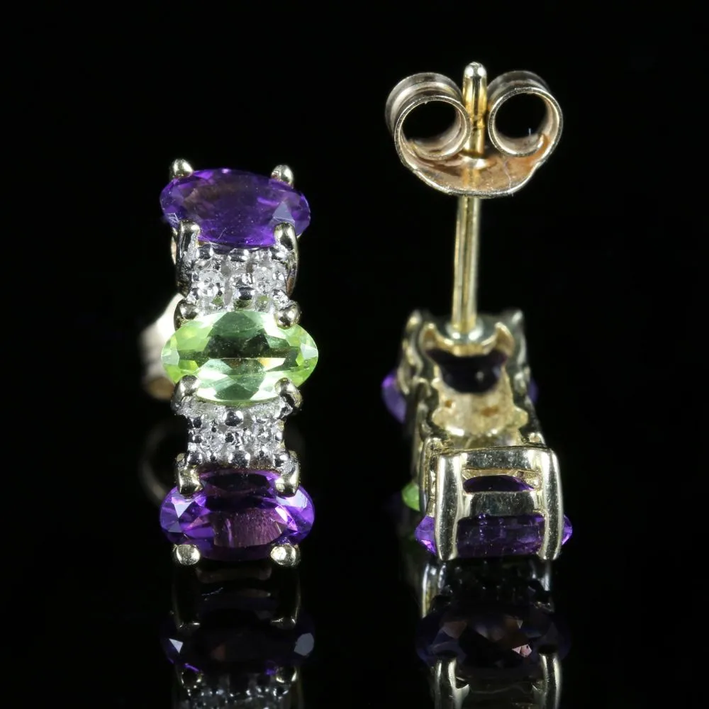 Edwardian Suffragette Style Earrings Amethyst Peridot Diamond 9ct Gold