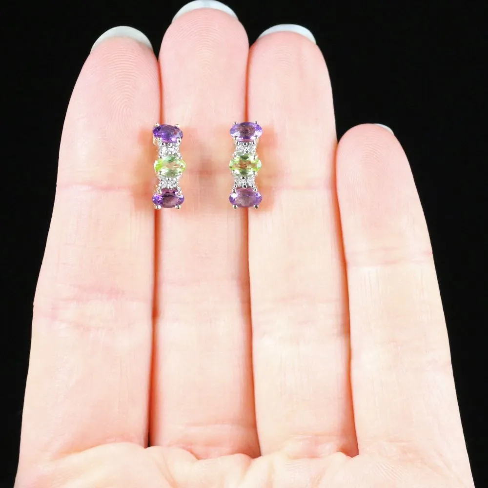 Edwardian Suffragette Style Earrings Amethyst Peridot Diamond 9ct Gold