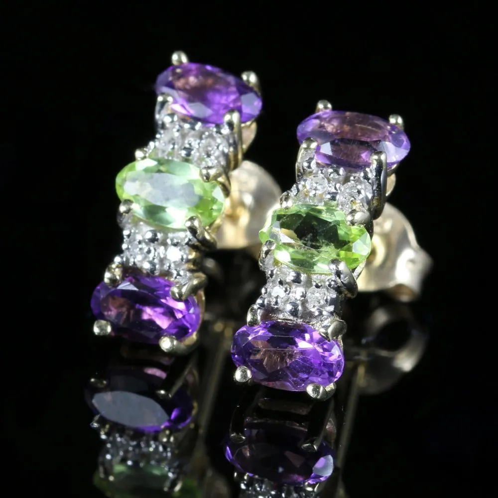 Edwardian Suffragette Style Earrings Amethyst Peridot Diamond 9ct Gold