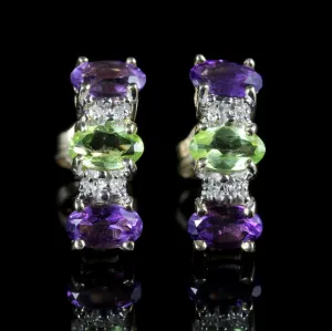 Edwardian Suffragette Style Earrings Amethyst Peridot Diamond 9ct Gold