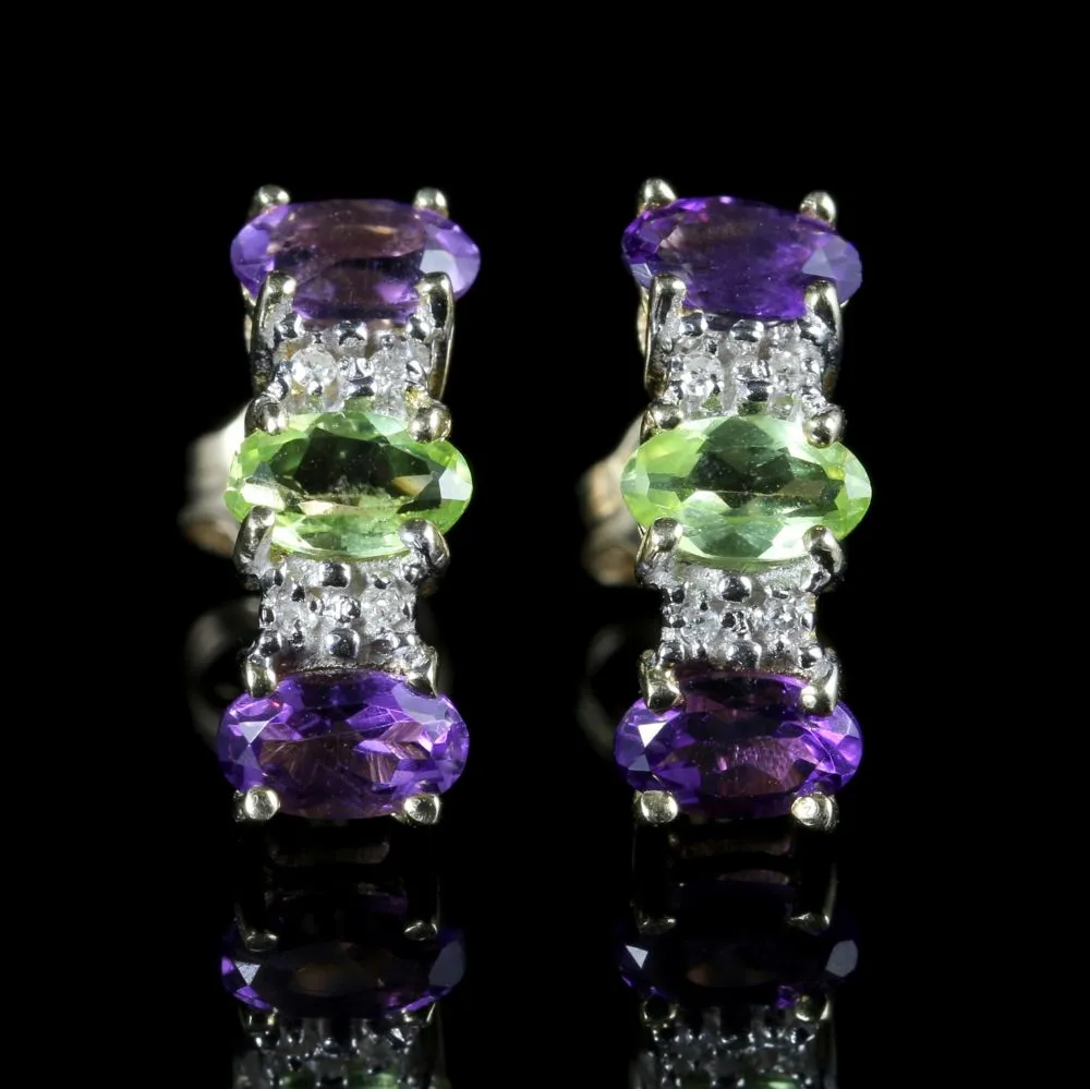 Edwardian Suffragette Style Earrings Amethyst Peridot Diamond 9ct Gold