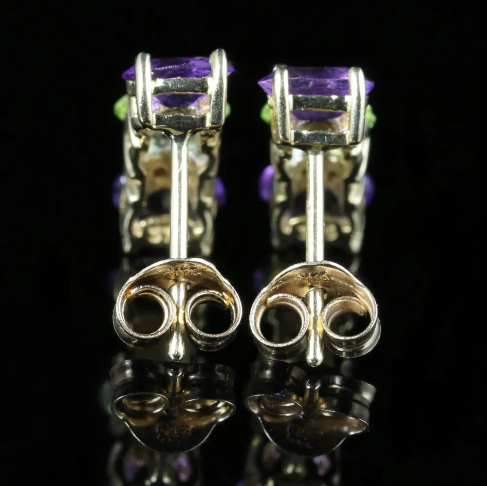 Edwardian Suffragette Style Earrings Amethyst Peridot Diamond 9ct Gold