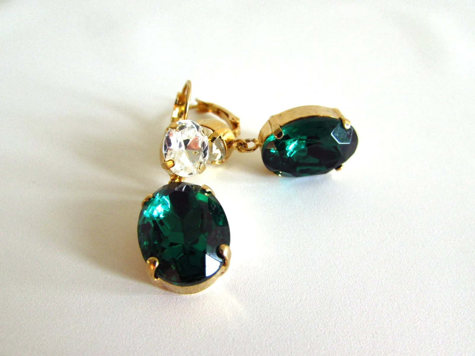 Emerald and Crystal Earrings - Large Oval 2 stone Dangles