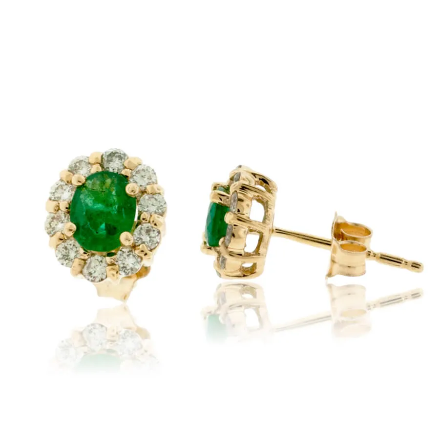 Emerald and Diamond Halo Stud Earrings