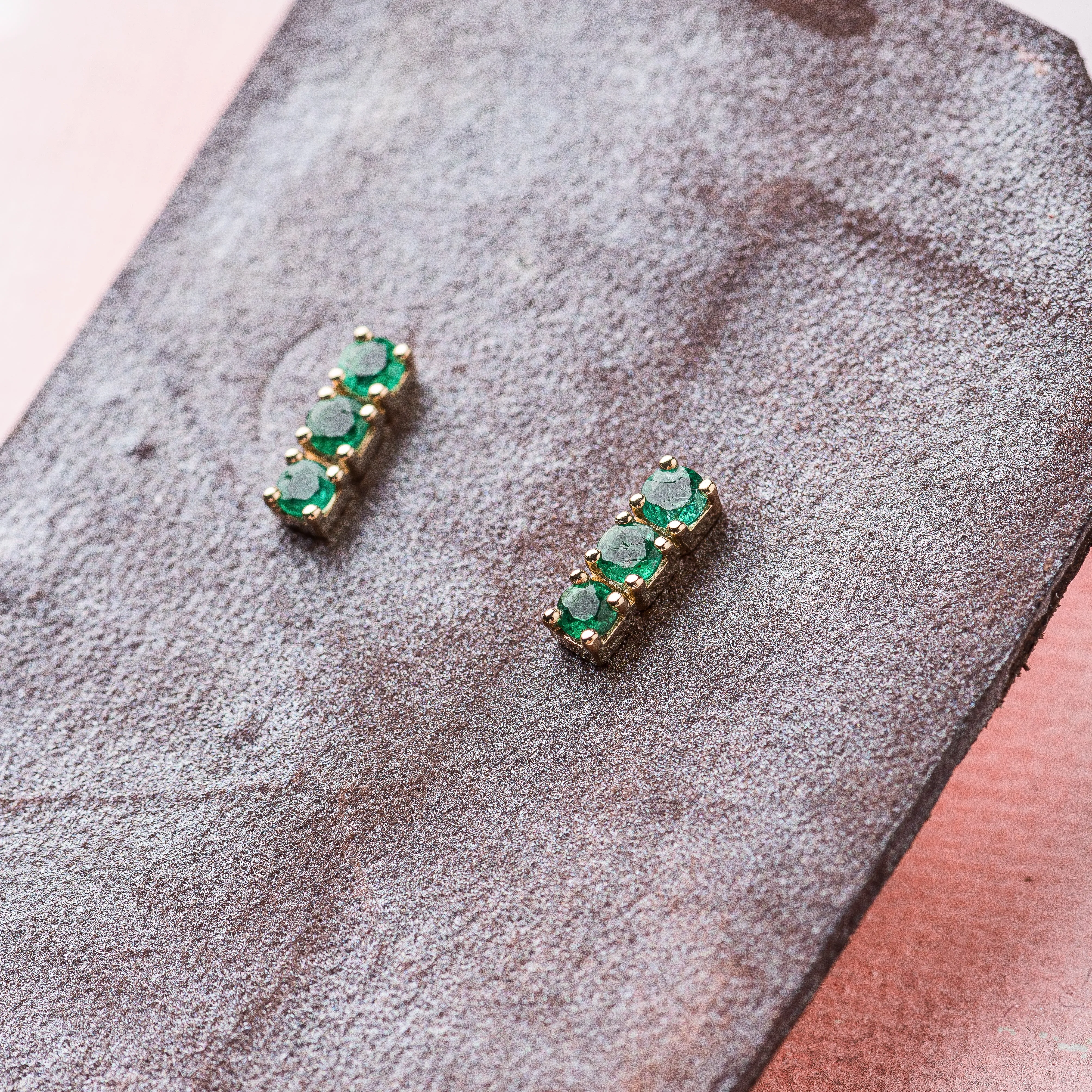 Emerald Bar Stud Earrings in 14k Gold