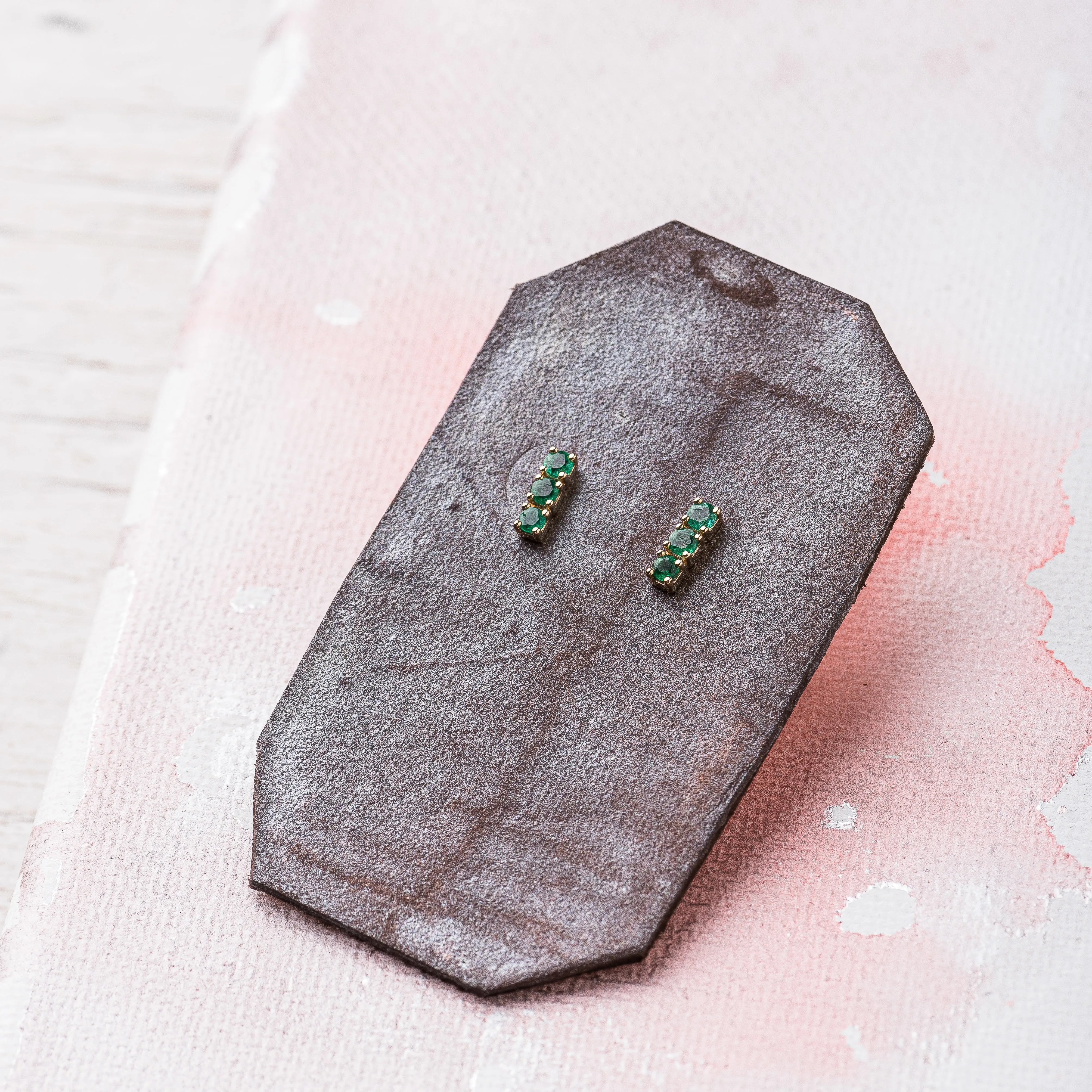 Emerald Bar Stud Earrings in 14k Gold