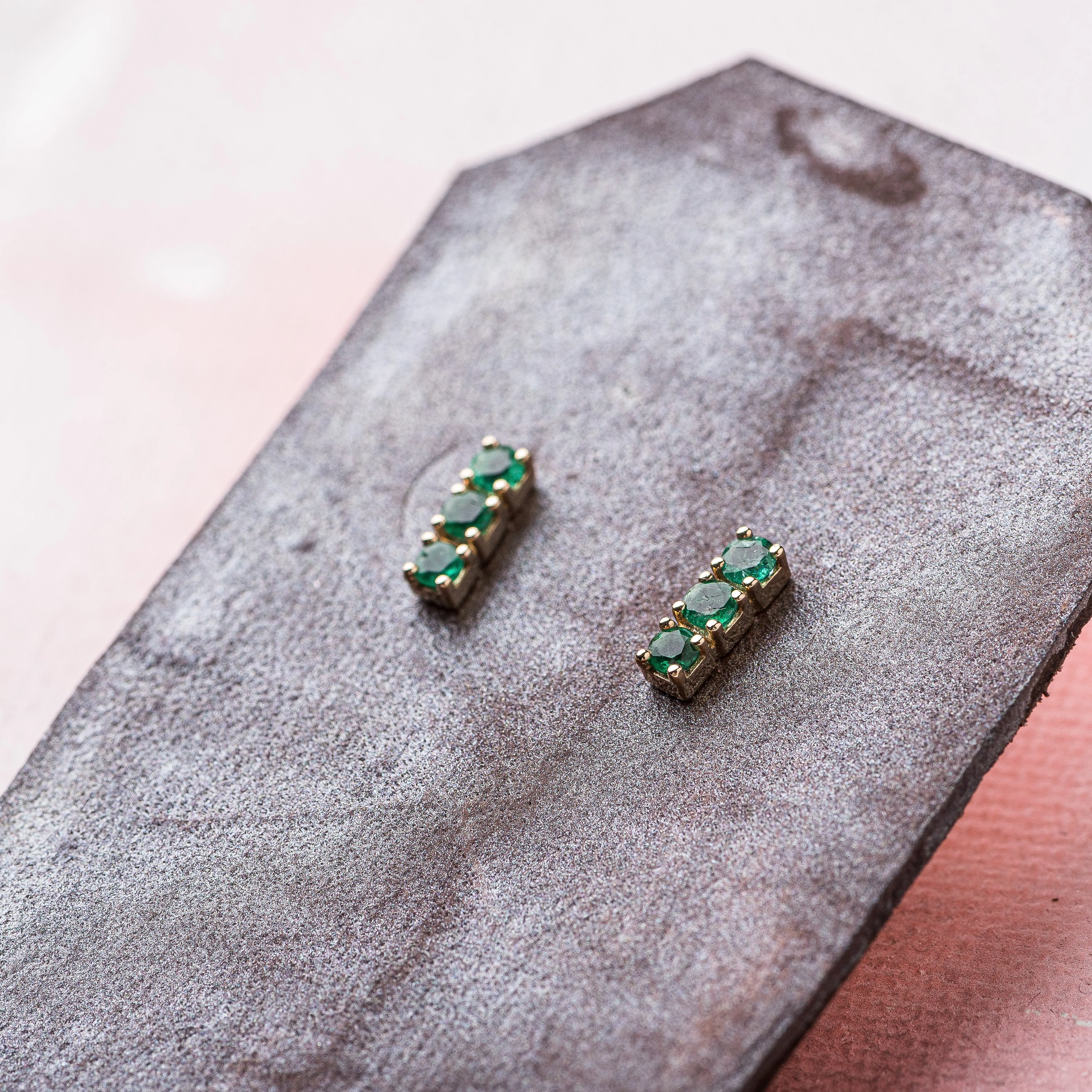 Emerald Bar Stud Earrings in 14k Gold