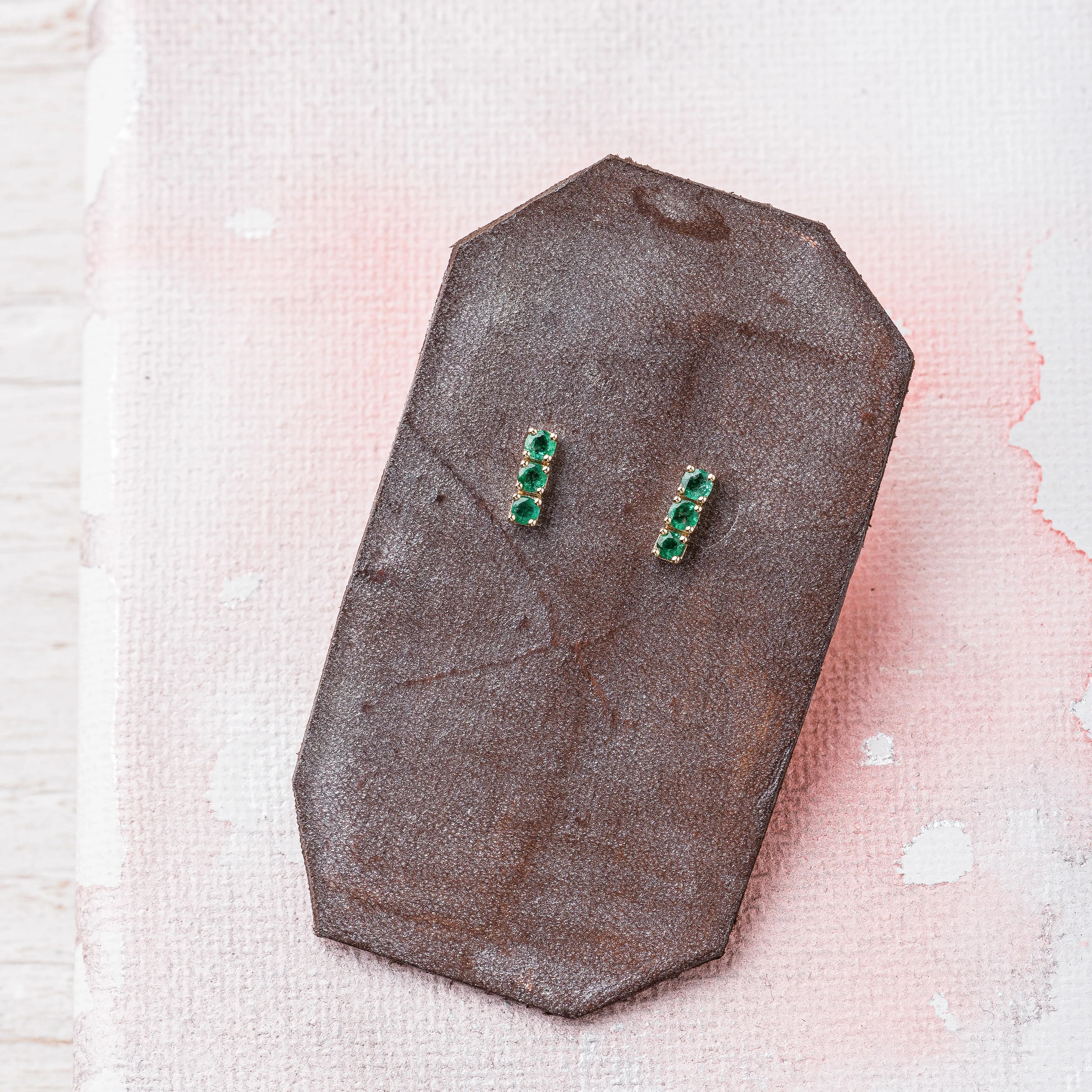 Emerald Bar Stud Earrings in 14k Gold