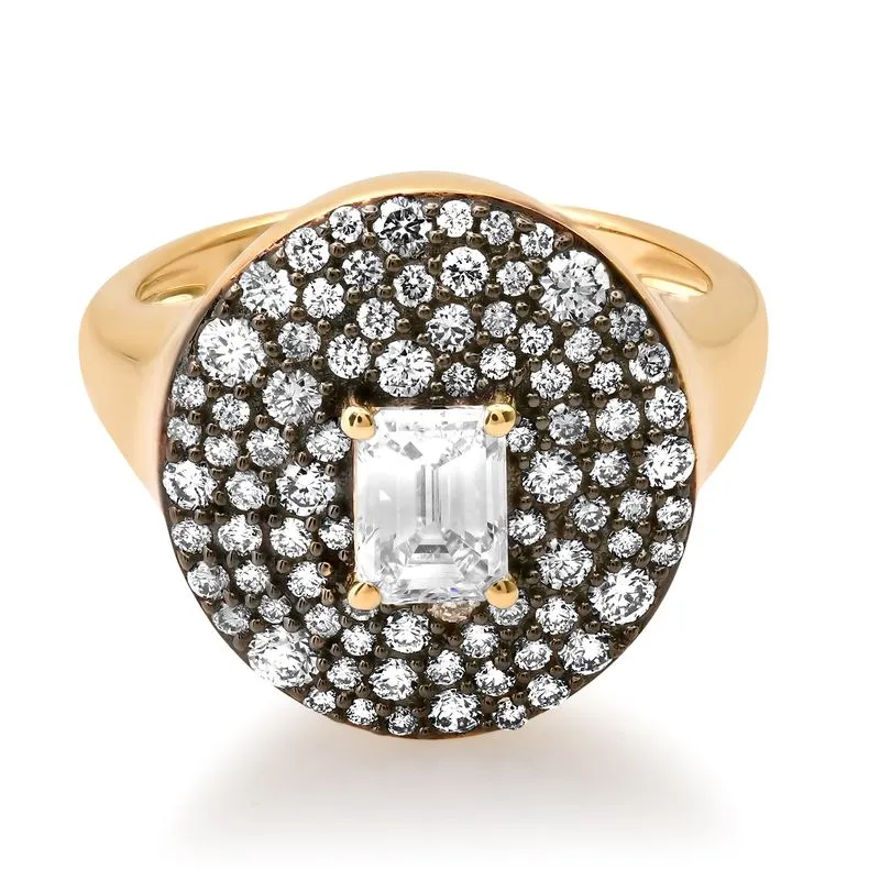 Emerald Cut & Bubble Mosaic Scattered Diamond Signet Ring