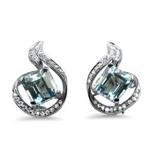 Estate 14k White Gold Aquamarine & Diamond Stud Earrings