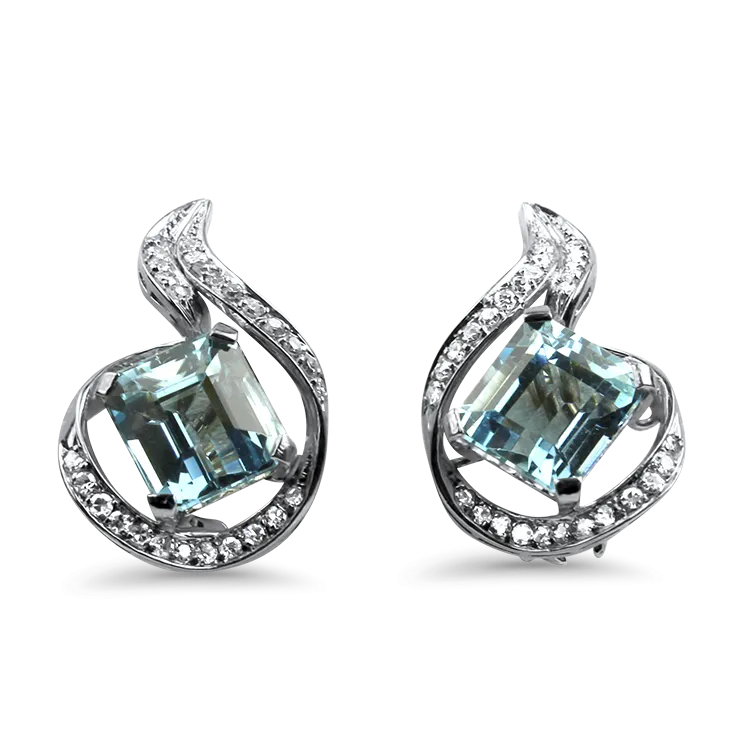 Estate 14k White Gold Aquamarine & Diamond Stud Earrings