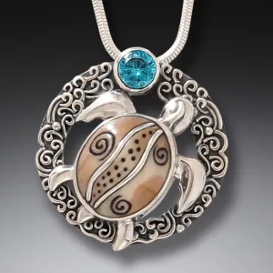 FOSSILIZED WALRUS TUSK AND BLUE TOPAZ SILVER TURTLE PENDANT - OCEAN DREAMS