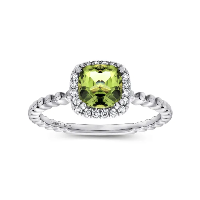 Gabriel & Co. Cushion Halo Round Cut Peridot Diamond Ring