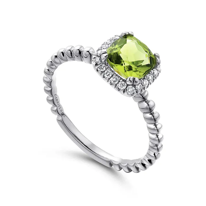 Gabriel & Co. Cushion Halo Round Cut Peridot Diamond Ring