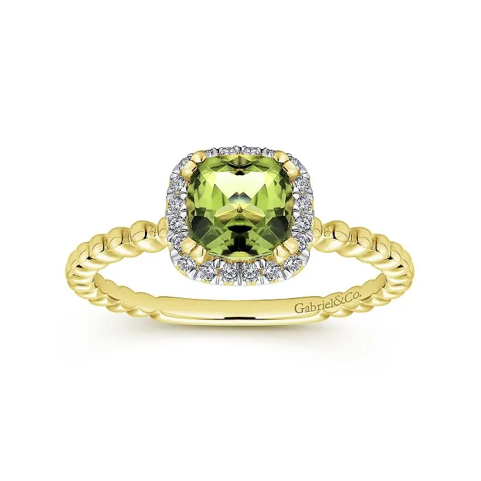 Gabriel & Co. Cushion Halo Round Cut Peridot Diamond Ring