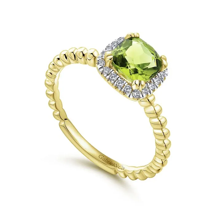 Gabriel & Co. Cushion Halo Round Cut Peridot Diamond Ring