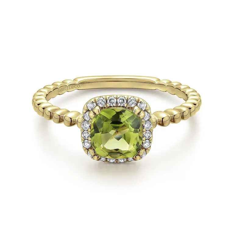 Gabriel & Co. Cushion Halo Round Cut Peridot Diamond Ring