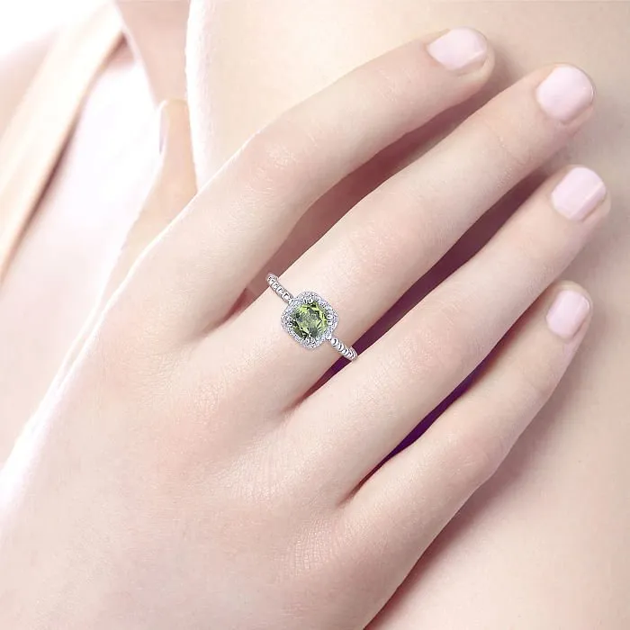 Gabriel & Co. Cushion Halo Round Cut Peridot Diamond Ring