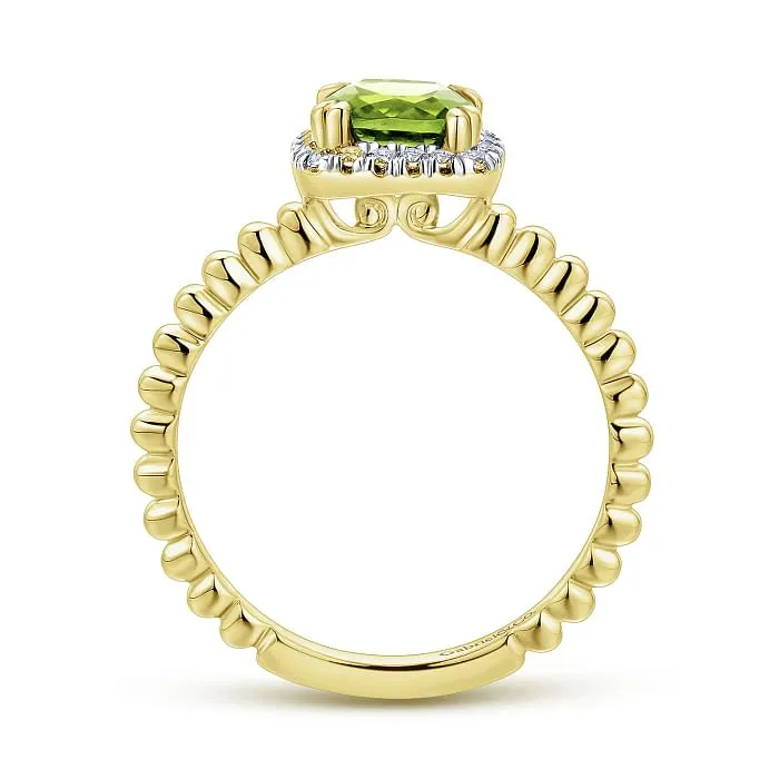 Gabriel & Co. Cushion Halo Round Cut Peridot Diamond Ring