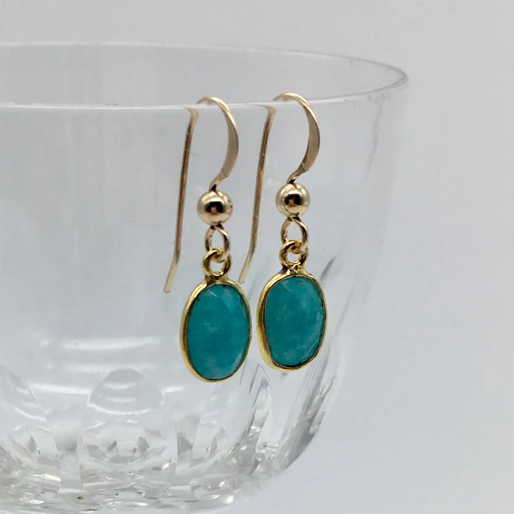 Gemstone earrings with amazonite (blue) crystal drops on gold hooks