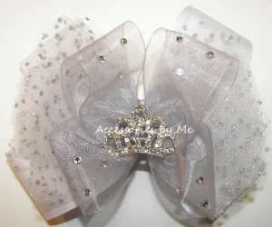 Glitzy Princess Tiara Silver Organza Tutu Hair Bow