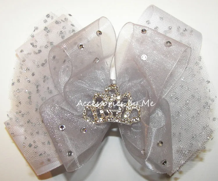 Glitzy Princess Tiara Silver Organza Tutu Hair Bow