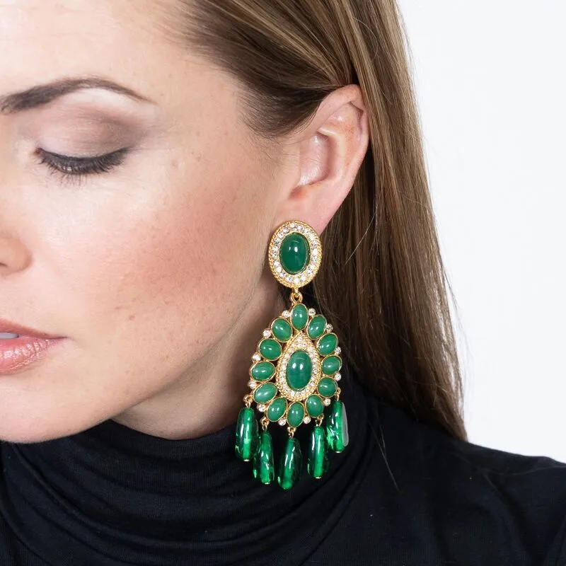 Gold & Emerald Drop Clip Earrings