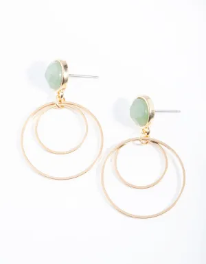 Gold Jade Stone Stud Double Drop Earrings