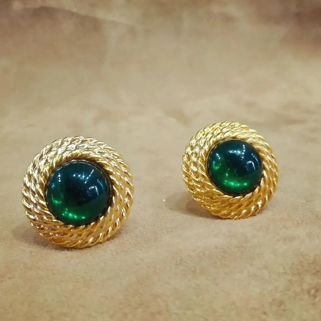 green and gold vintage glass clip on earrings with rope trim