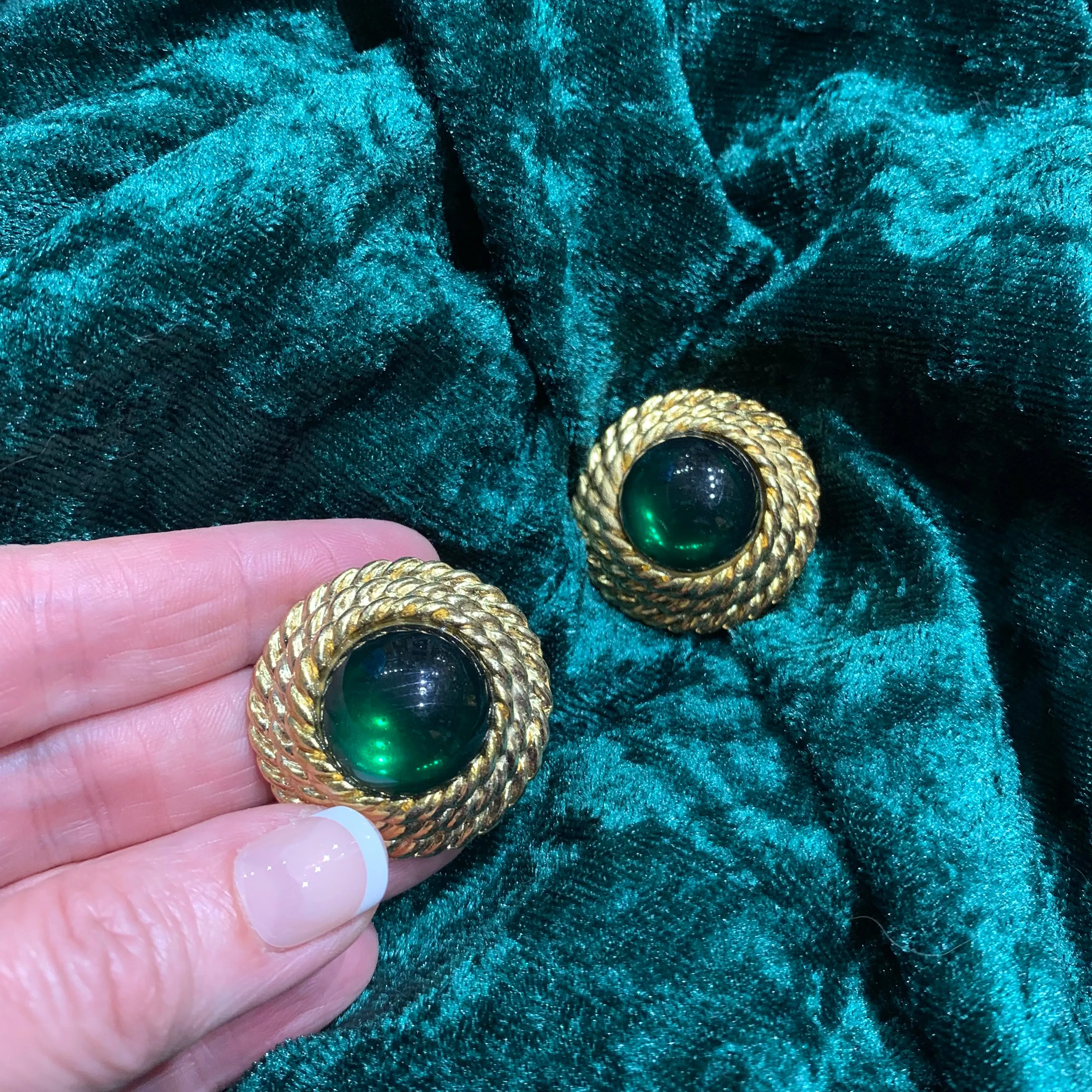 green and gold vintage glass clip on earrings with rope trim