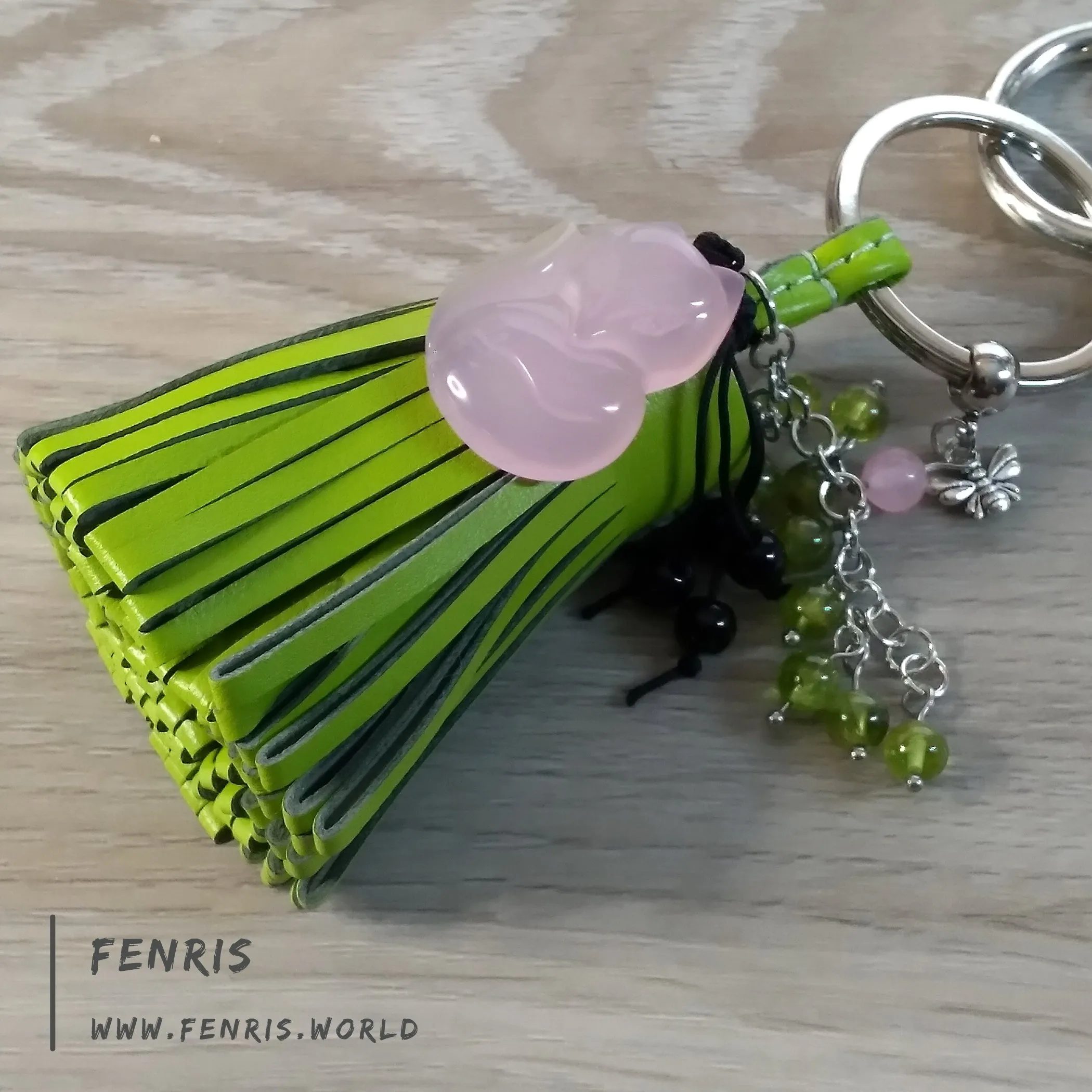 Green Leather Tassel Keychain Pink Chalcedony Fox | Fenris